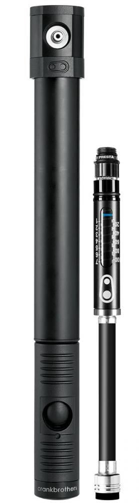 Crankbrothers Klic HV Handpumpe Midnight Edition schwarz mit analogem Manometer und Rahmenhalter.