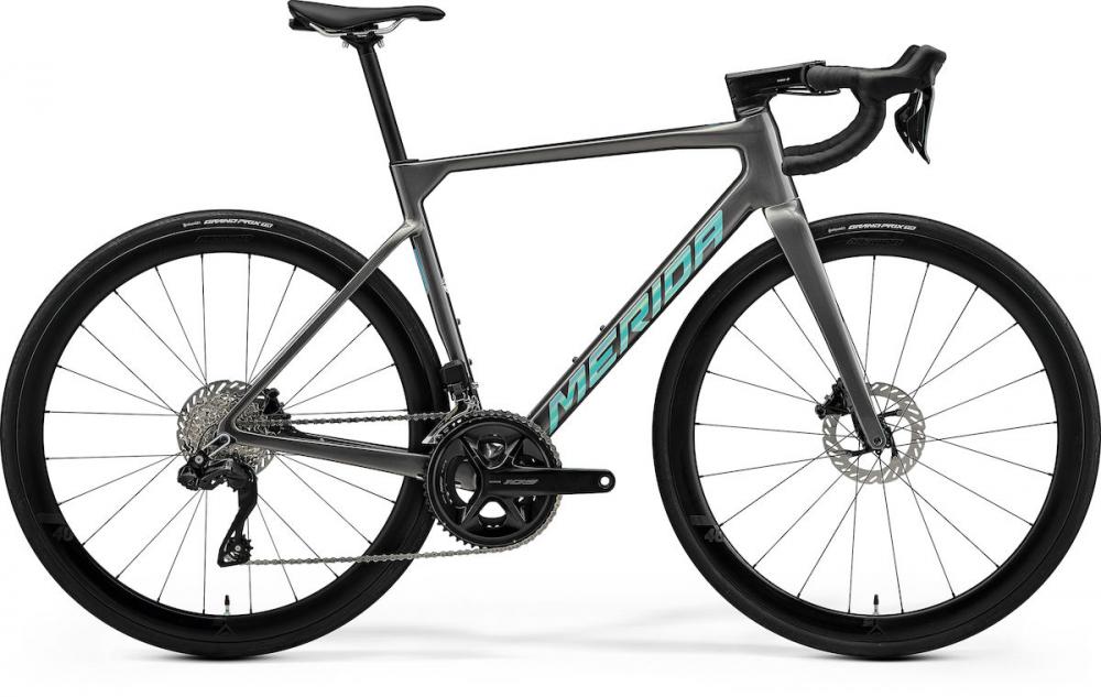 MERIDA SCULTURA LIMITED Rennrad in Gunmetal Grau mit silber-türkisen Akzenten, Größe S.