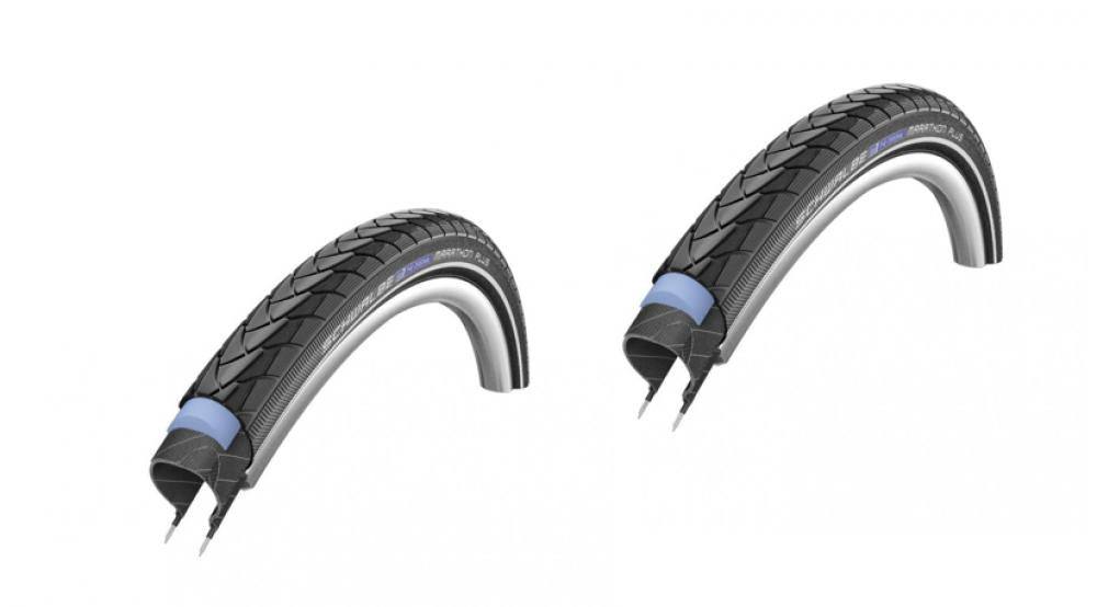 Schwalbe Marathon Plus Fahrradreifen, einer im Querschnitt mit Pannenschutz und Reflexstreifen.