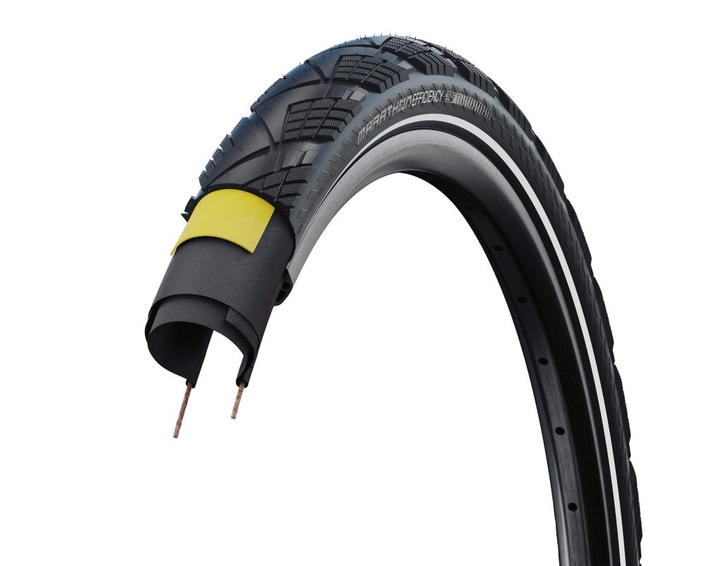 Schwalbe Marathon Efficiency Evo V-Guard Tourenreifen, im Querschnitt, zeigt Pannenschutz und Reflexstreifen.
