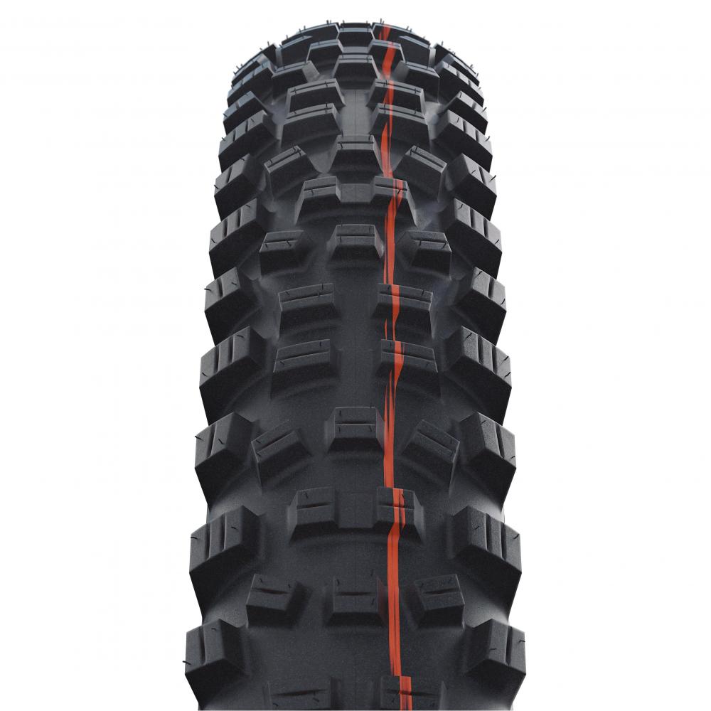Schwalbe Hans Dampf MTB Reifen 29x2.35" schwarz faltbar mit aggressivem Profil und orangefarbenen Streifen.