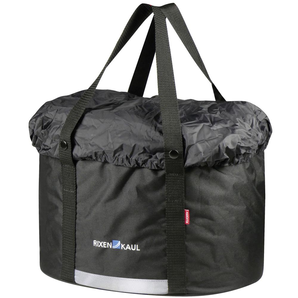 KLICKfix Shopper-Plus Lenkertasche schwarz mit Tragegriffen, Kordelzug und Reflektorband.