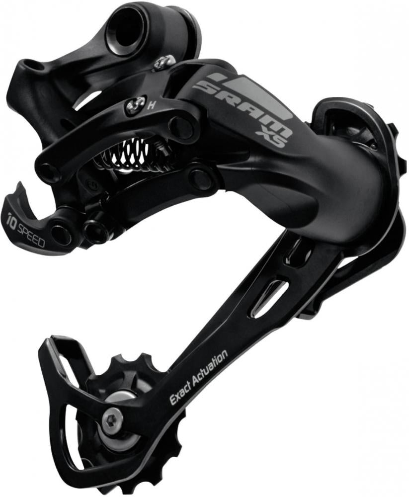 Schwarzes SRAM X.5 10-fach MTB Schaltwerk mit langem Käfig und Exact Actuation.