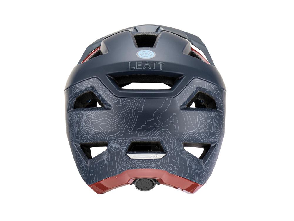 Leatt MTB All Mountain 3.0 Shadow L Mountainbike Helm, dunkelblau mit topografischem Muster, Rückansicht.