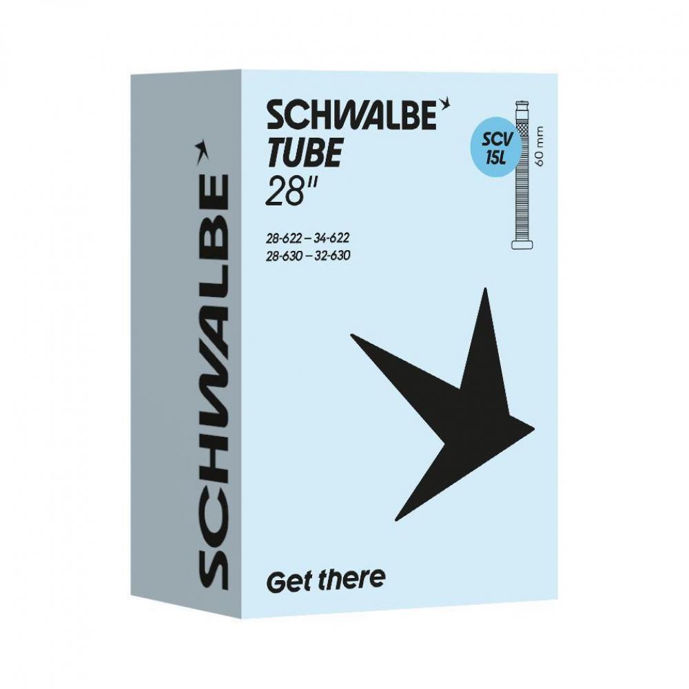 Schwalbe Fahrradschlauch SCV15L 28 Zoll (28/34-622)/630 mit 60mm langem Ventil auf Verpackung.