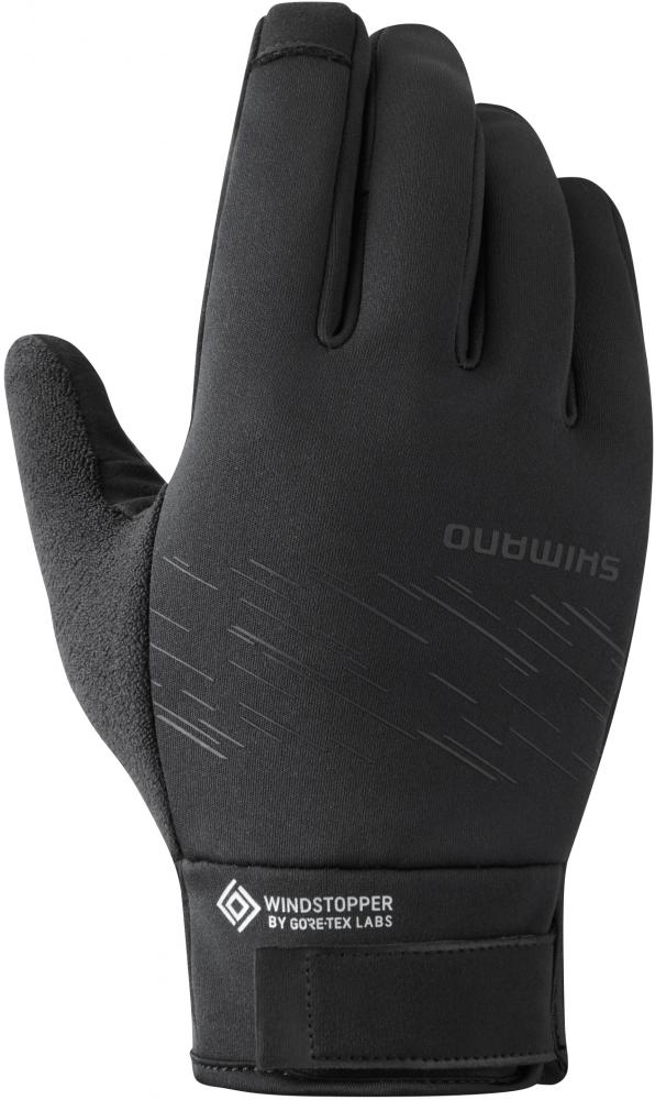 Schwarze SHIMANO W's Windstopper Insulated Damen-Fahrradhandschuhe mit Gore-Tex Labs Logo und Klettverschluss.