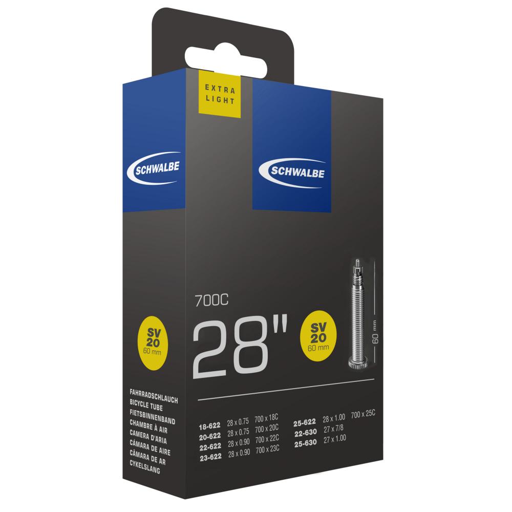Schwalbe Fahrradschlauch SV20 Extra Light, 28 Zoll (700C), extra lang 60mm Ventil, für 18-622 bis 25-630.