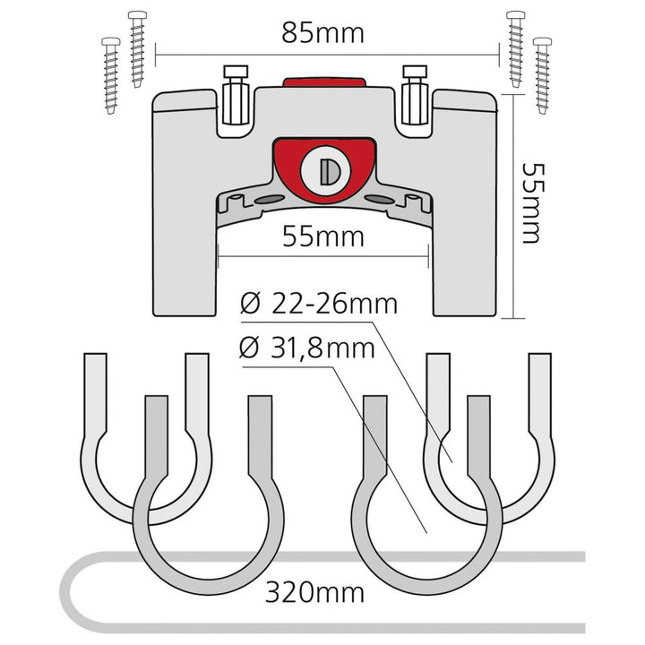 Rixen Kaul KLICKfix Lenker-Adapter universal mit Schloss 2 Schlüssel schwarz|rot für Lenker mit Ø 22-26mm und Ø 31,8mm