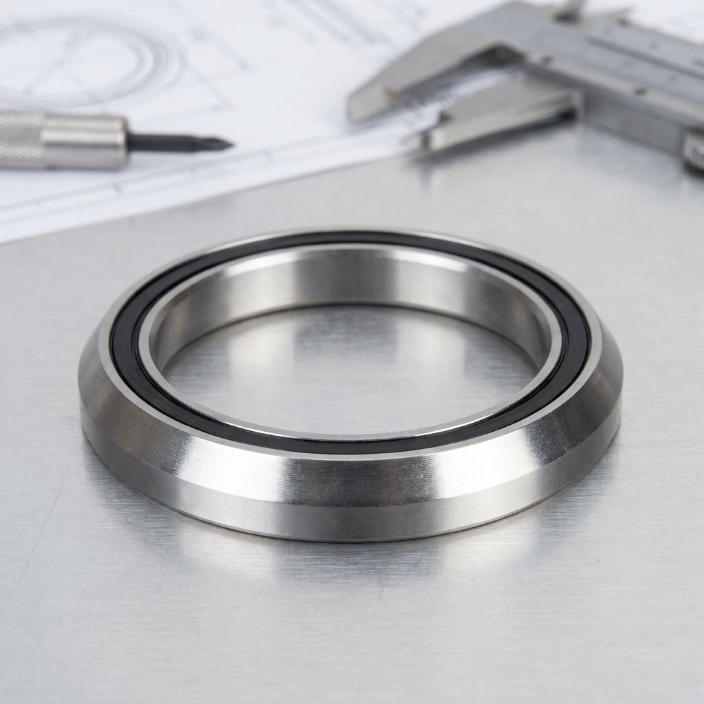 XLC Steuersatzlager 1-1/8" Ø41 X Ø30.15 X 7.7mm 36/45° auf metallischer Oberfläche mit Werkzeugen im Hintergrund.