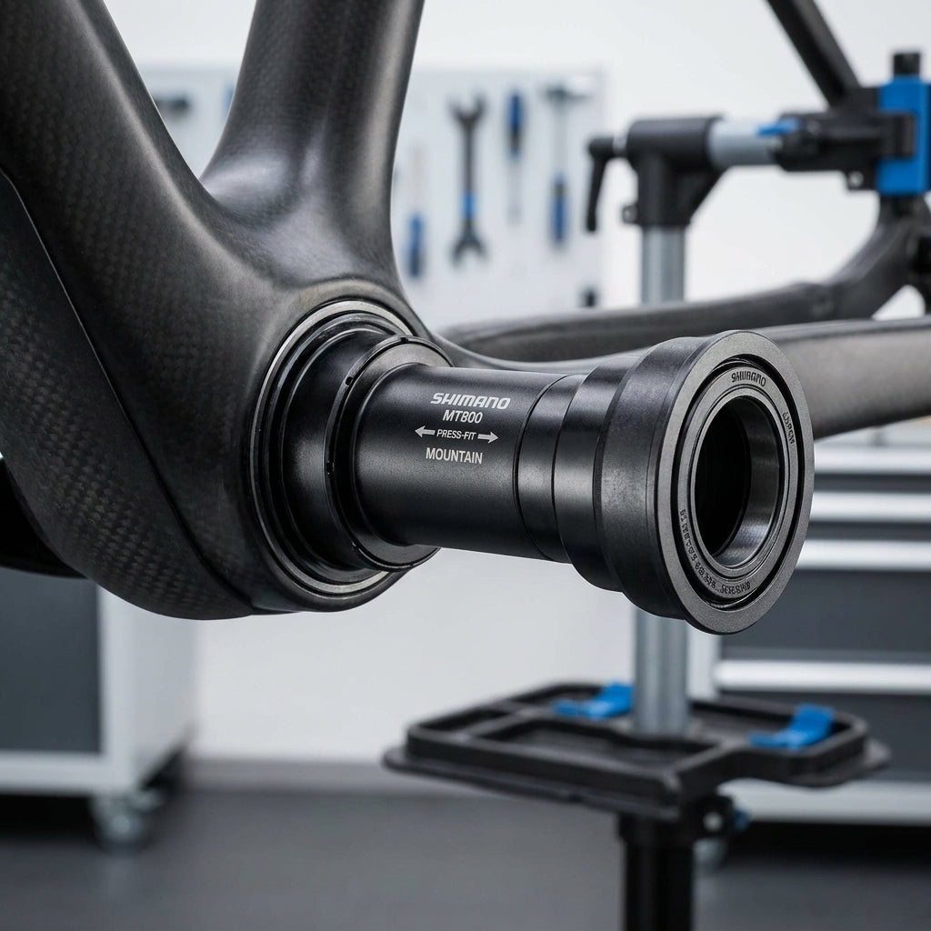 SHIMANO MT800 Press-Fit Innenlager in Carbon-Fahrradrahmen, langlebig für präzisen Mountainbike-Antrieb.