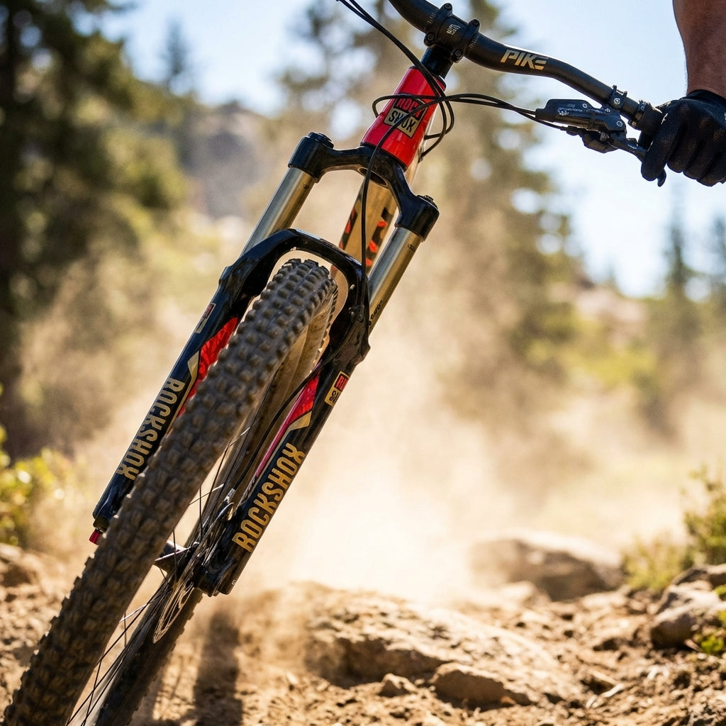 Rockshox Troy Lee Designs G/O Dekor Kit auf Pike Federgabel eines Mountainbikes in Aktion auf staubigem Trail.
