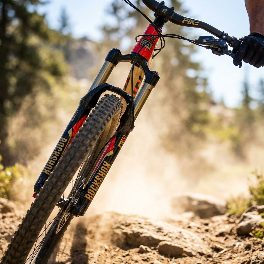 Rockshox Troy Lee Designs G/O Dekor Kit auf Pike Federgabel eines Mountainbikes in Aktion auf staubigem Trail.