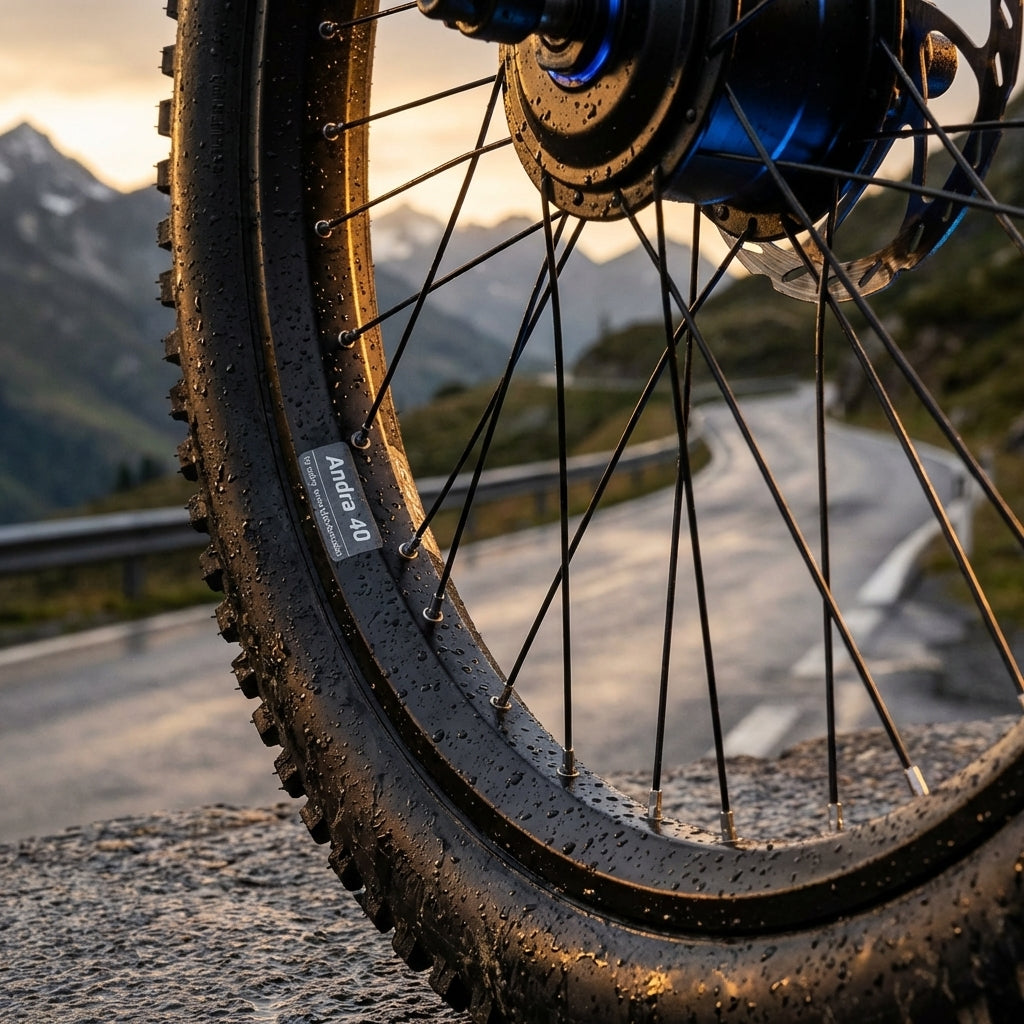Nasse schwarze Ryde Andra 40 Fahrradfelge 32 Loch auf Bergstraße mit Alpen im Abendlicht