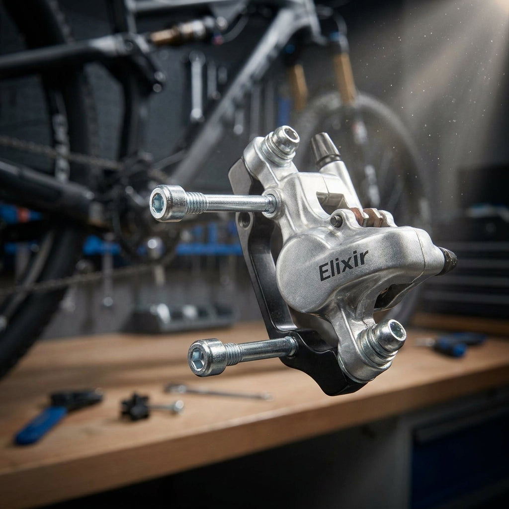 XLC Befestigungsbolzenset M4x22 für Avid Elixir/Guide Bremsen an einem Fahrrad-Bremssattel in der Werkstatt.