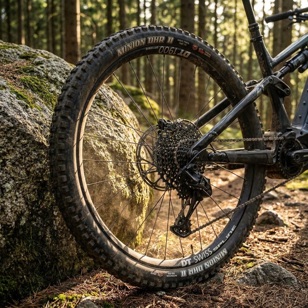 Robustes DT Swiss H 1900 SPLINE 29" eMTB-Hinterrad in schwarz, auf Waldweg an Felsen gelehnt.