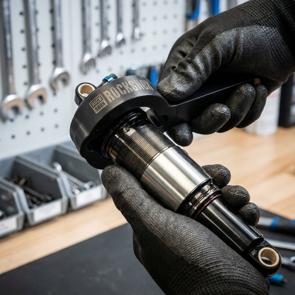 Rockshox Luftkammerwerkzeug für Vivid Air Dämpfer, in Händen in Werkstatt genutzt.