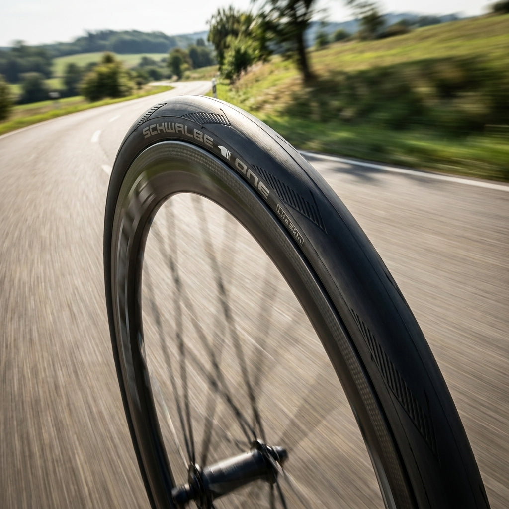 Schwalbe ONE Faltreifen 700x30C ADDIX RaceGuard auf Rennrad-Felge in Fahrt auf Landstraße.