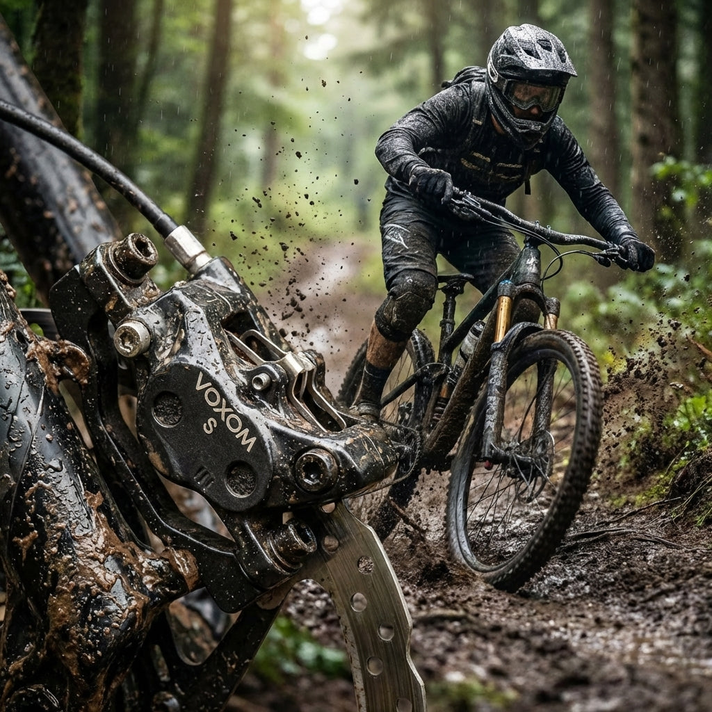 Voxom Scheibenbremsbeläge in Aktion am Mountainbike auf schlammigem Trail bei Regen, Schlammspritzer.