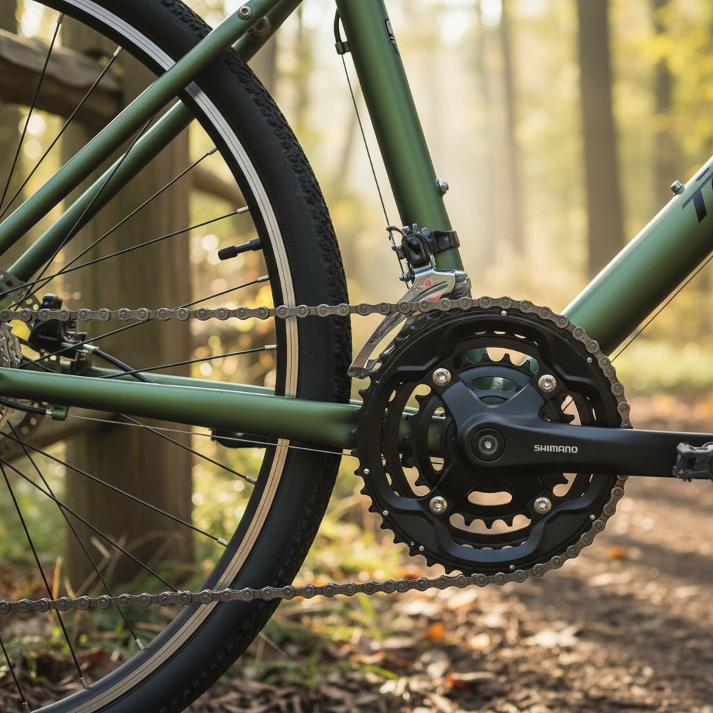 SHIMANO TOURNEY FD-TY700 3-fach Umwerfer und Kurbelgarnitur am grünen Fahrrad auf Waldweg.