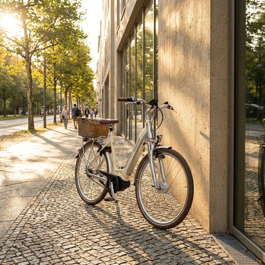 Winora iRide Pure R5f MID E-Bike, 26 Zoll, vanilla/silver. Modernes City-Elektrofahrrad mit 5-G Nexus Schaltung.