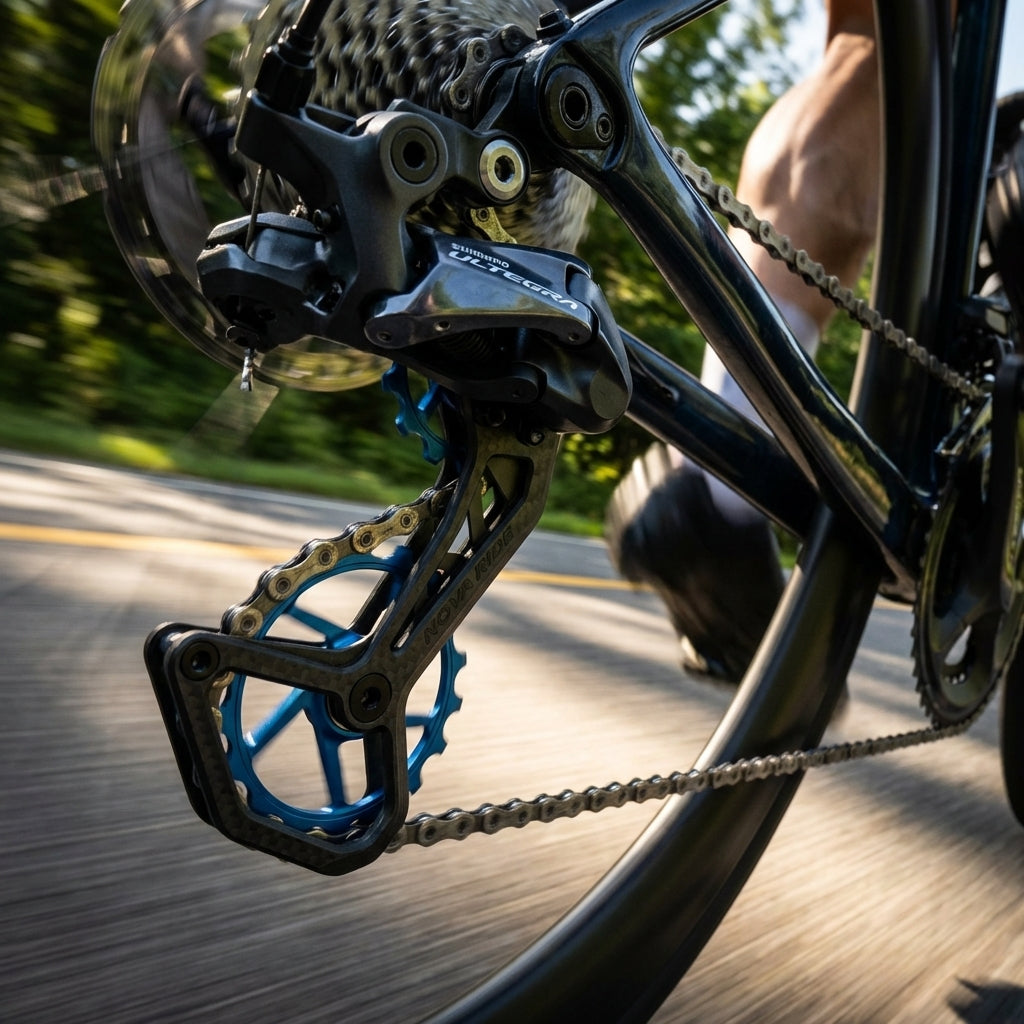 Nova Ride CCD EVO 12s Schaltwerkskäfig blau an Shimano Ultegra 12-fach Schaltwerk am Rennrad in Fahrt.