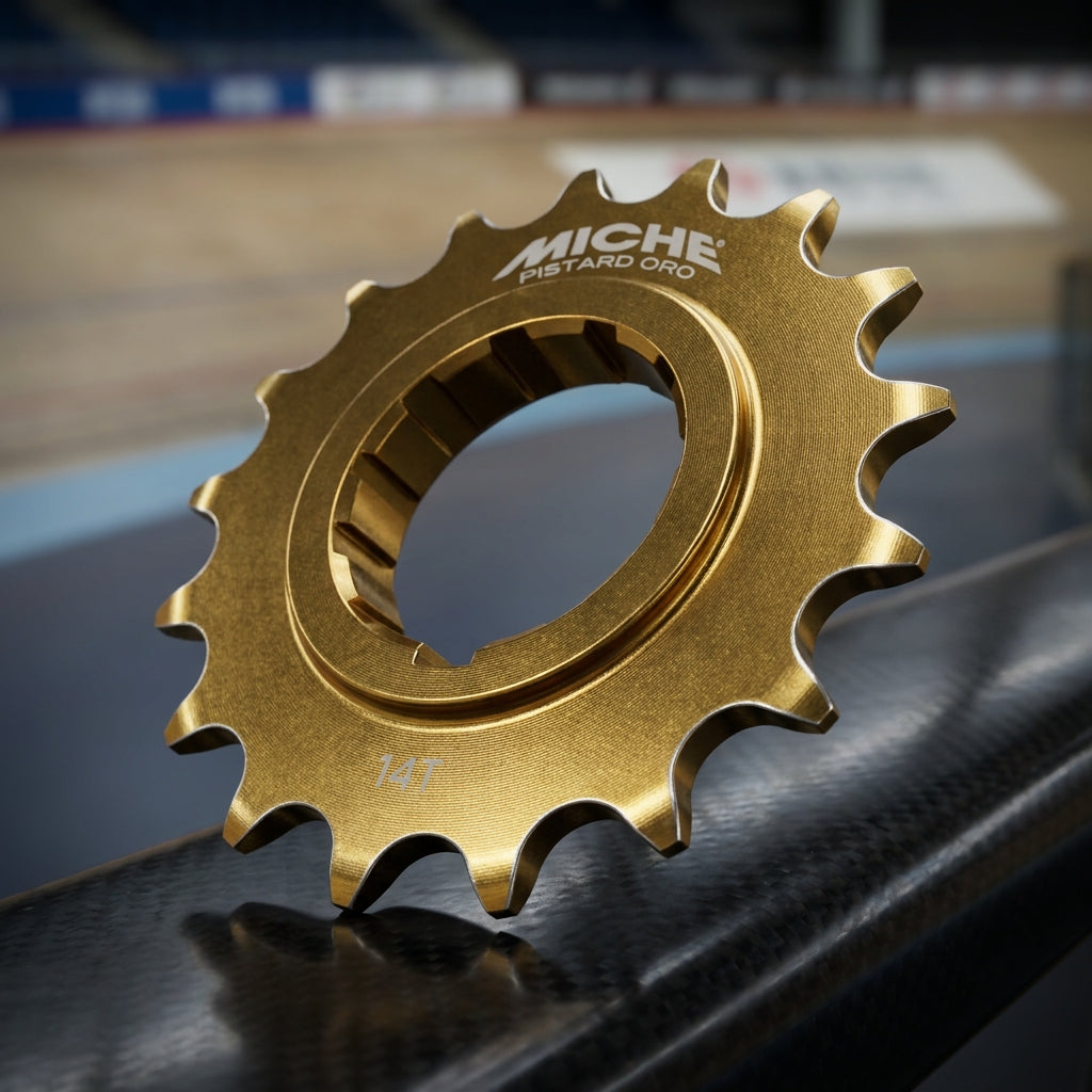 Miche Ritzel Pistard Oro 14 Zähne, goldfarben, aus wärmebehandeltem Stahl. Ideal für Bahnrad, Fixed Gear. Präzise, langlebig, leistungsstark.