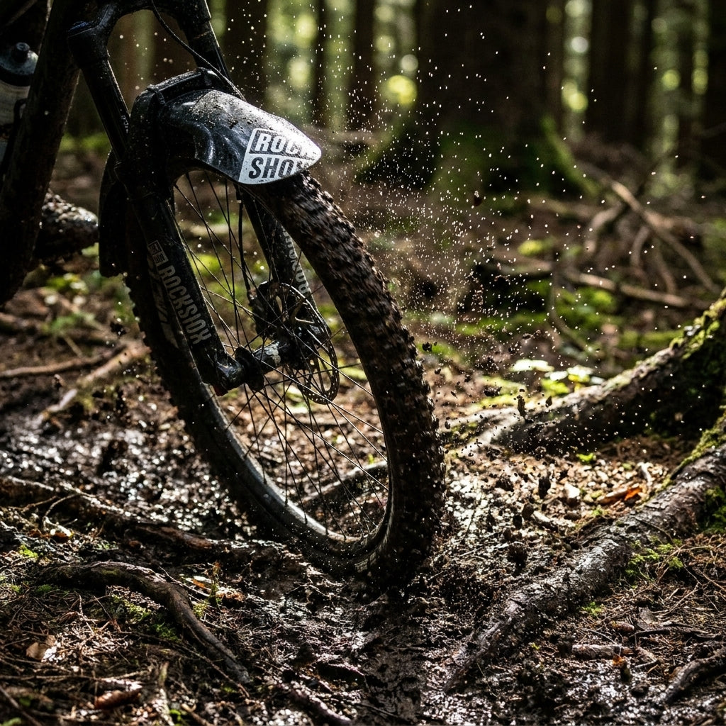 Rockshox VR-Steckblech Fender schwarz weiß schützt Mountainbike-Vorderrad vor Schlamm im Wald.