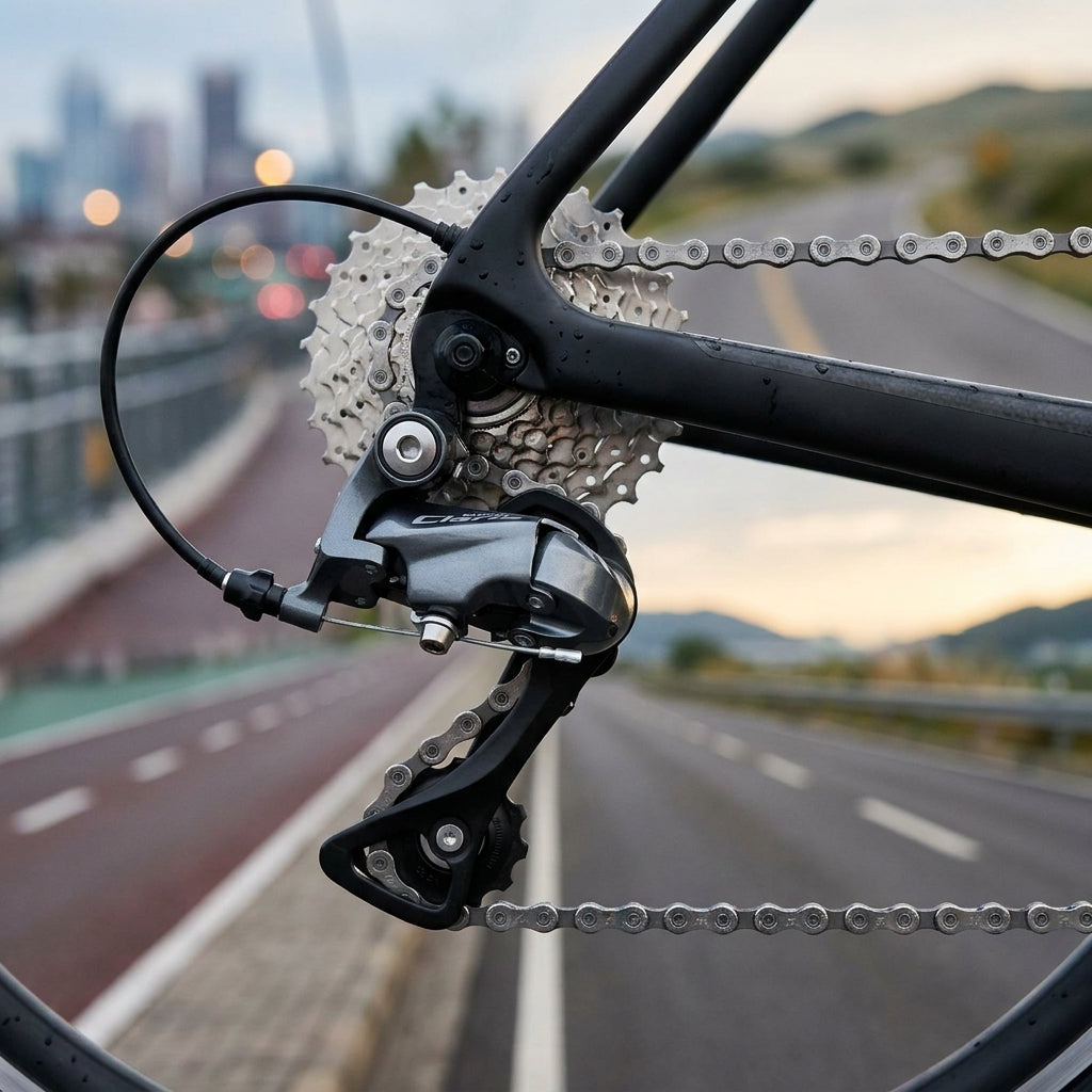 SHIMANO CLARIS RD-R2000 Kurz 8-fach Schaltwerk am Fahrrad, mit Kassette und Kette.
