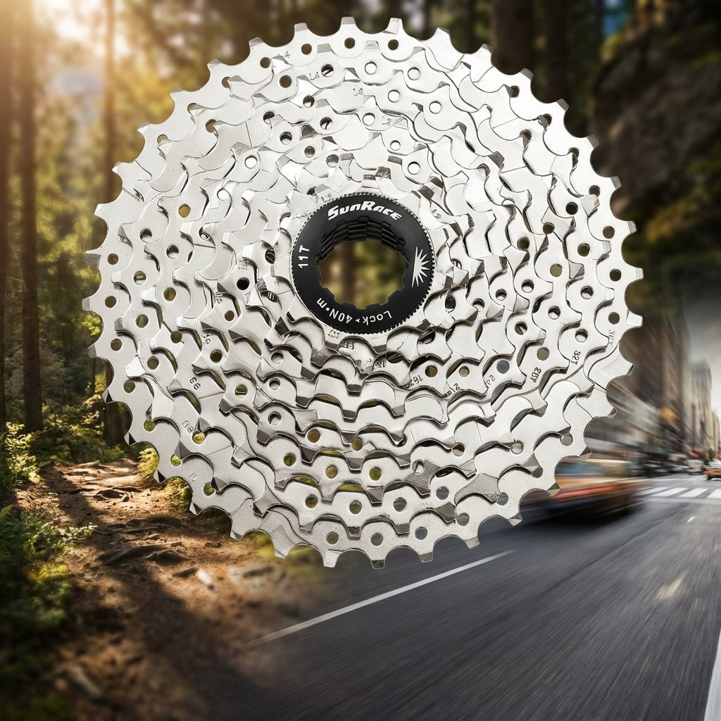 SunRace CSM96 9-fach MTB Kassette 11-34z, silber, vor gespaltenem Hintergrund mit Waldweg und Stadtstraße.