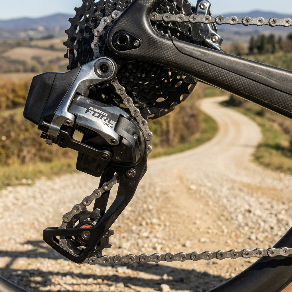 SRAM Force XPLR AXS 12-fach Schaltwerk an Gravelbike-Antrieb, präzises Schalten auf Schotterweg.