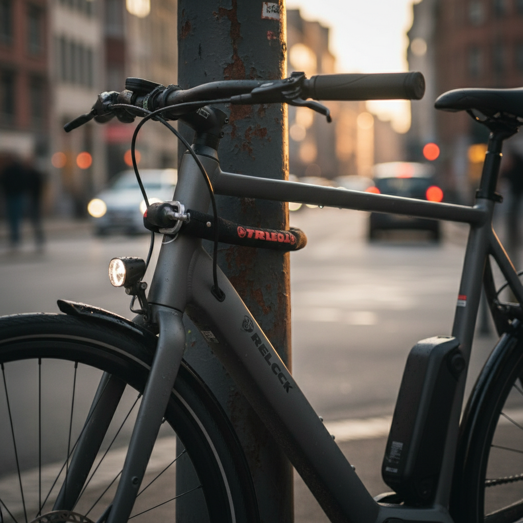 TRELOCK Plug-In-Kette ZR 355 sichert graues E-Bike an Pfahl, flexible Zusatzsicherung für Fahrräder.