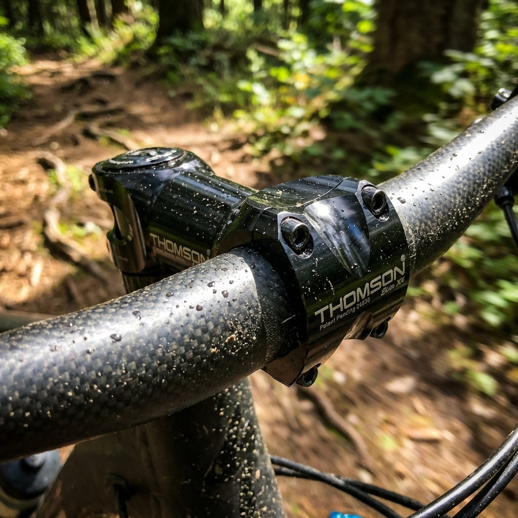 Thomson Elite X4 Vorbau schwarz und Carbon Lenker an schlammigem Mountainbike auf Waldtrail.