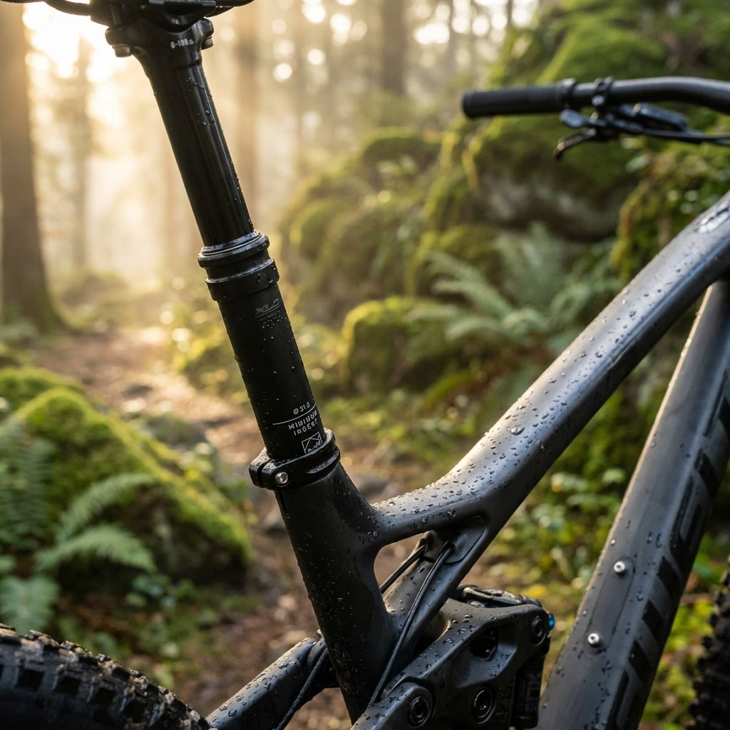 Nasse XLC SP-S14 Dropper Post am Mountainbike im Wald, Ø30,9mm, 80mm Hub, interne Kabelführung.