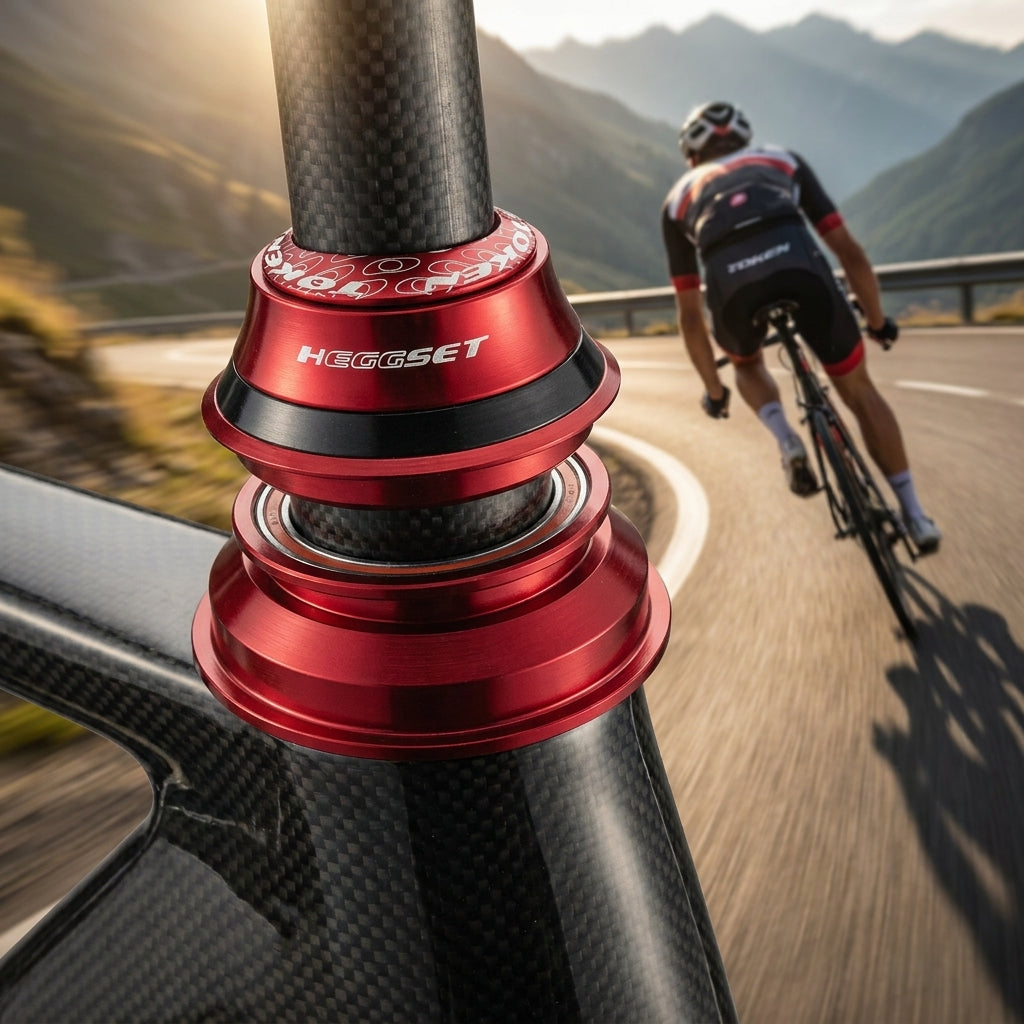 Detailaufnahme roter TOKEN hEGGset AHead Steuersatz an Carbon-Rennrad, Radfahrer auf kurviger Bergstraße.