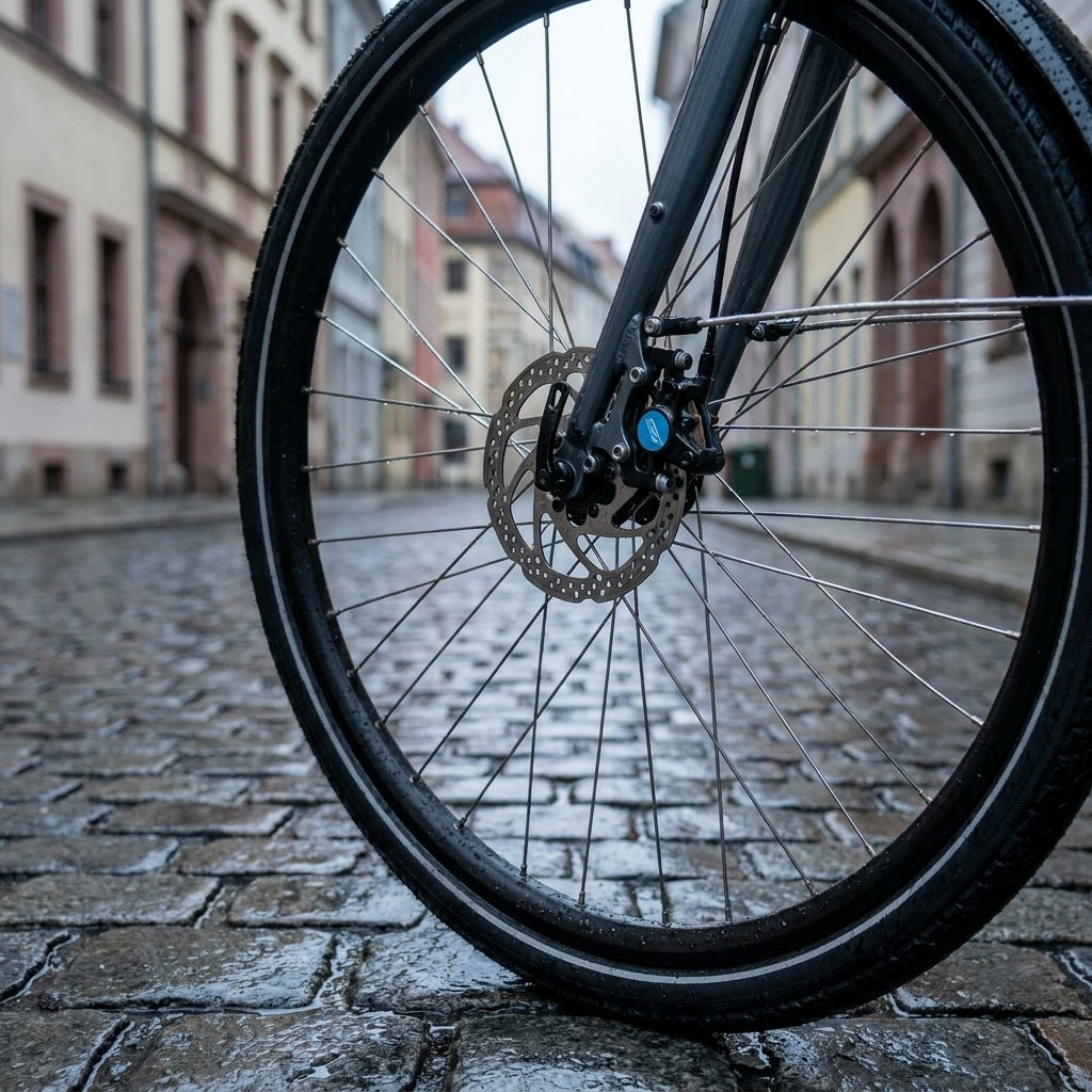 Fahrrad-Scheibenbremse mit Contec Scheibenbremsbelag auf nassem Pflaster.