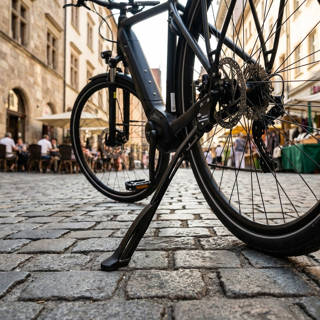 Pletscher Hinterbauständer Multi Zoom 26-28 Zoll schwarz an E-Bike. Verstellbarer Aluminium-Fahrradständer.