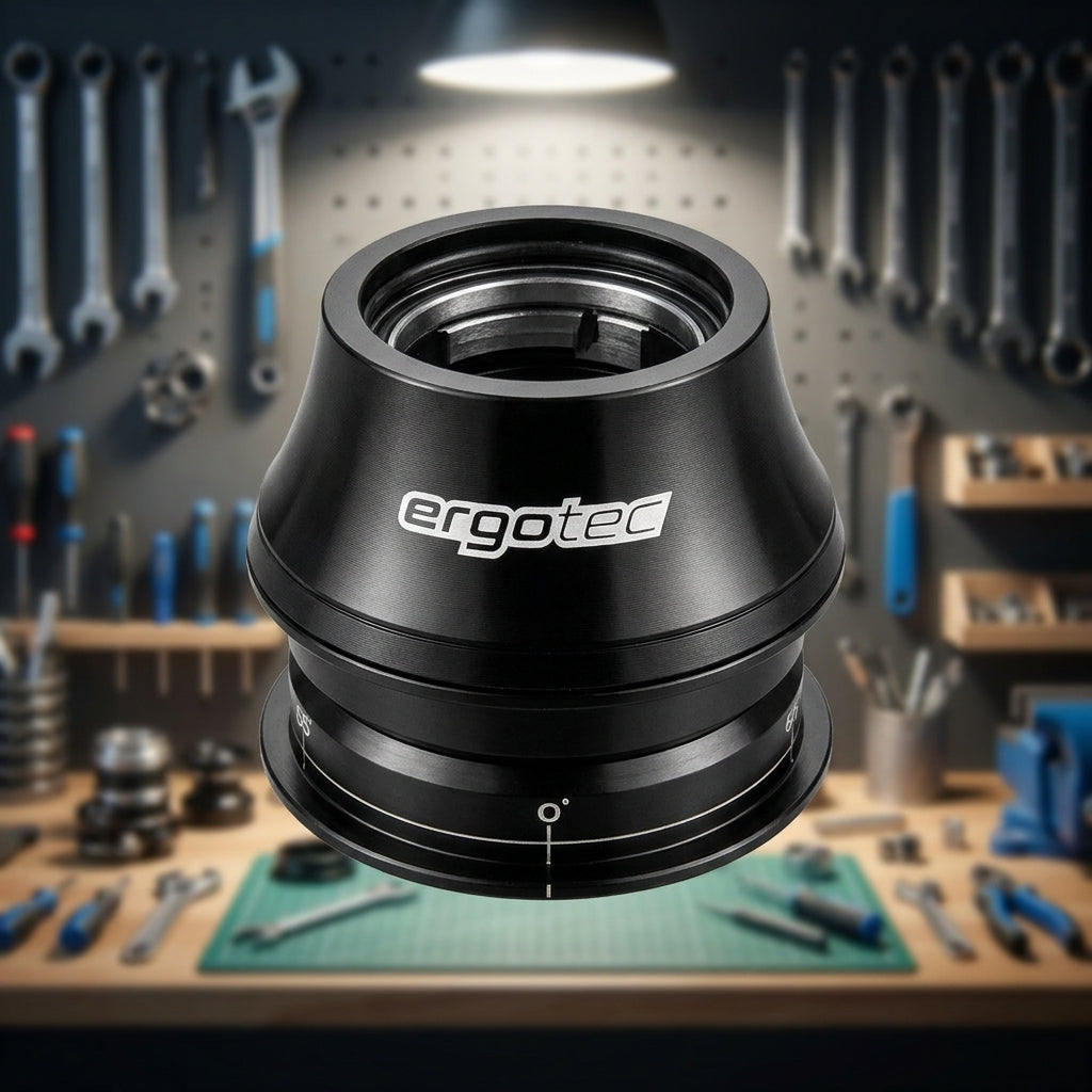 Ergotec Ahead-Steuersatz A118SAC-ES 1 1/8" schwarz mit Lenkungsanschlag, Nahaufnahme in Werkstatt.