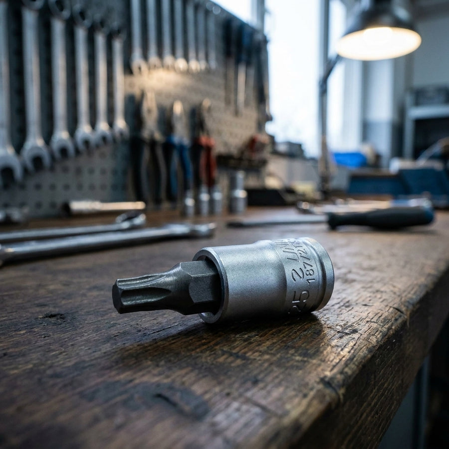 Unior Schraubendrehereinsatz 1/4" TX-Profil 25 187/2TX liegt auf einer Holzwerkbank in einer Werkstatt.