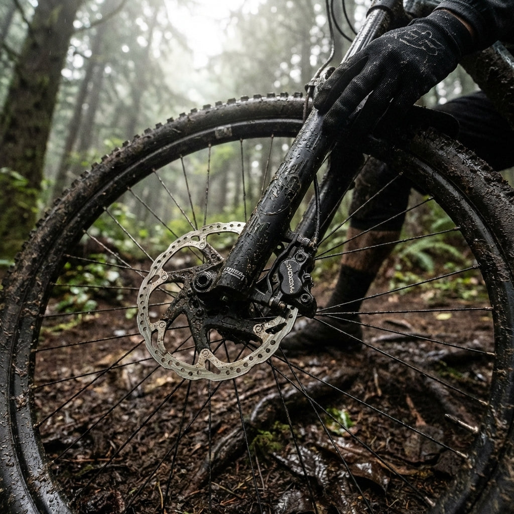 Schlammiges Mountainbike Vorderrad mit Voxom Scheibenbremse im matschigen Wald.