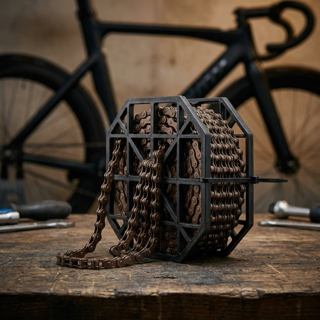 KMC S1 WIDE Singlespeedkette 50m braun in Halterung auf Werkbank, schwarzes Fahrrad im Hintergrund.