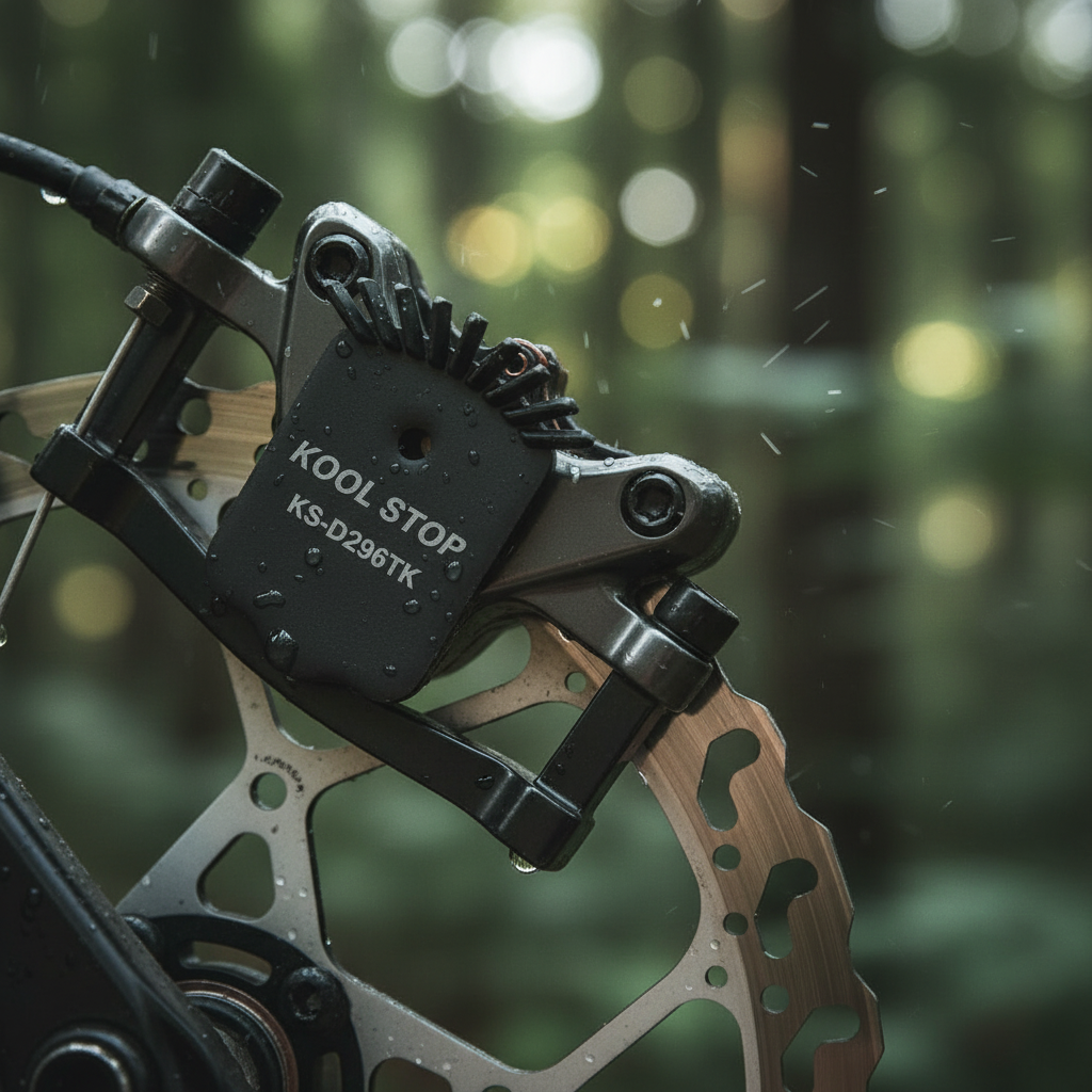 Kool Stop D296TK organische Scheibenbremsbeläge am Fahrrad bei Regen im Wald, mit Wassertropfen auf Bremse und Scheibe.