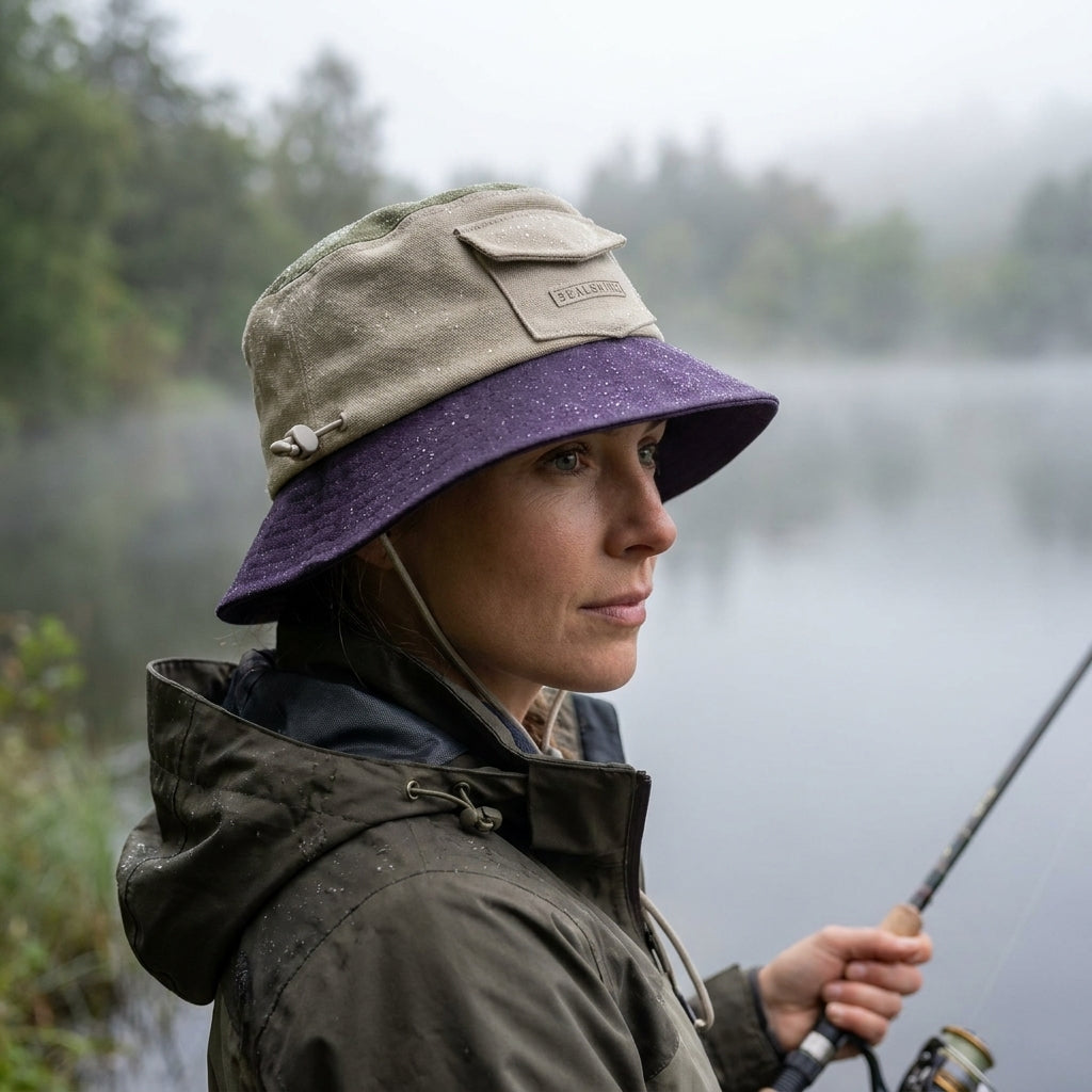 SealSkinz Lynford Damen Fischerhut in Creme, Grün, Lila, wasserdicht, beim Angeln im Regen.