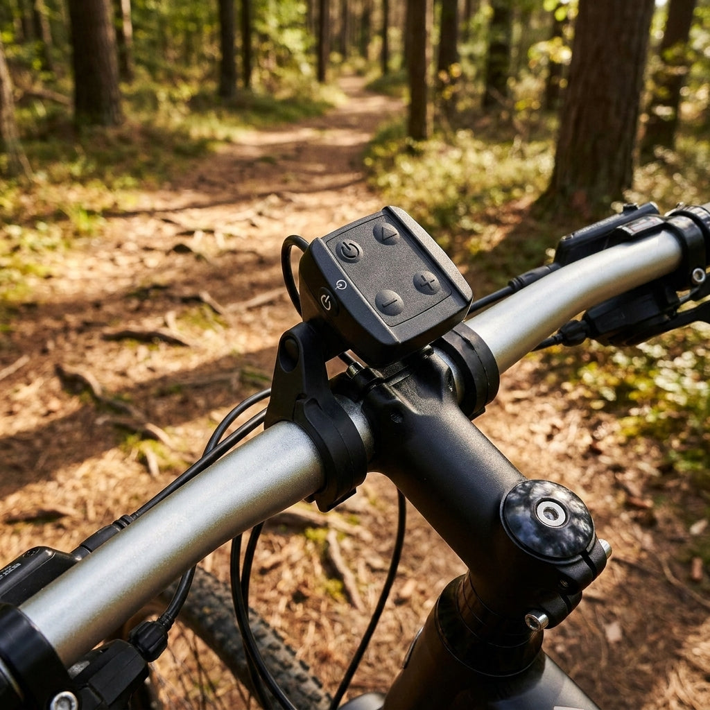 Yamaha E-Bike Display Halter mit Bedienelement am Lenker. Montiert auf einem Fahrrad im Wald. Für MY 2016 Display.