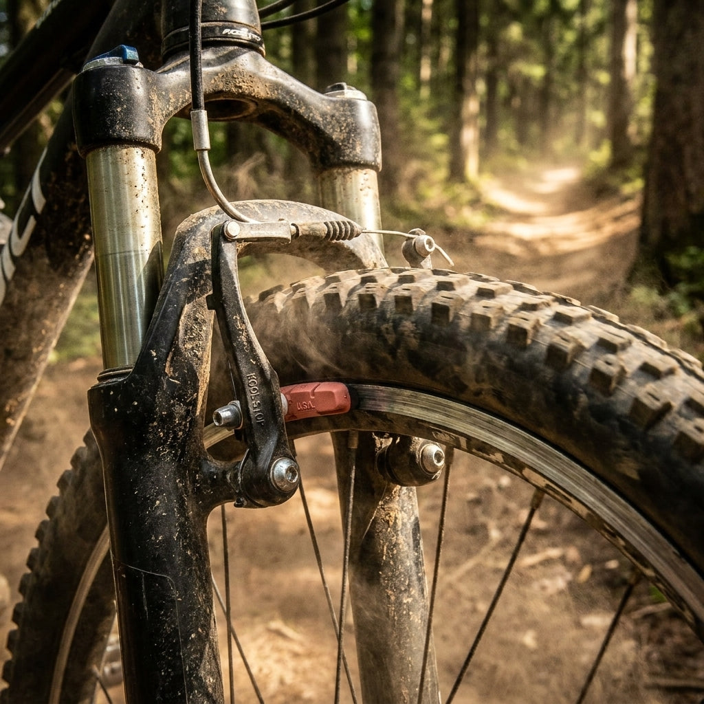 Kool Stop Bremsbelag MTB Linear Pull lachs am schmutzigen Mountainbike auf staubigem Trail.