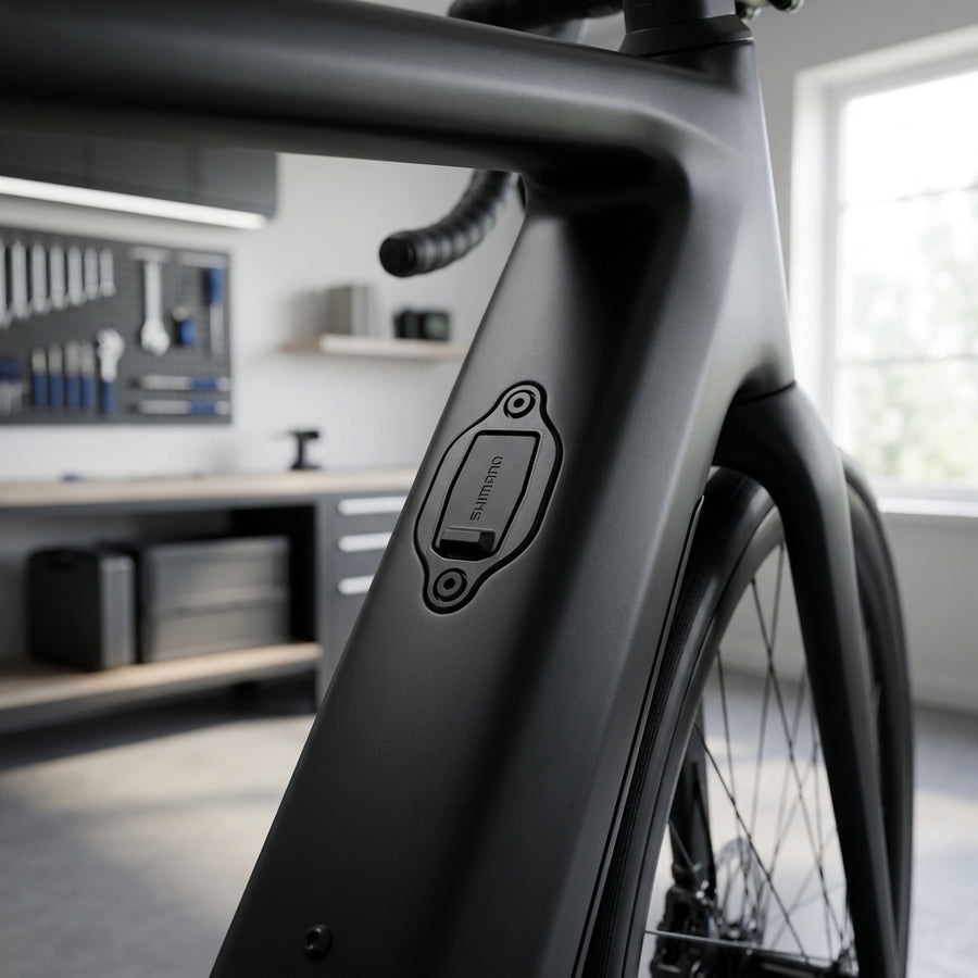 SHIMANO EW-CP100 Ladeport für integrierten E-Bike Akku, montiert am mattschwarzen Fahrradrahmen.