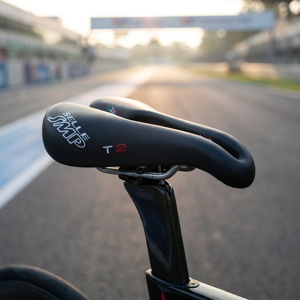 Selle SMP Triathlon T2 Sattel schwarz auf Carbon-Rennrad auf einer Rennstrecke.
