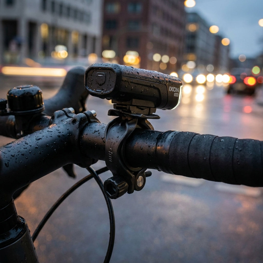 Schwarzer Busch+Müller Bumm Halter für IXON Core am Fahrradlenker montiert, mit Regentropfen.