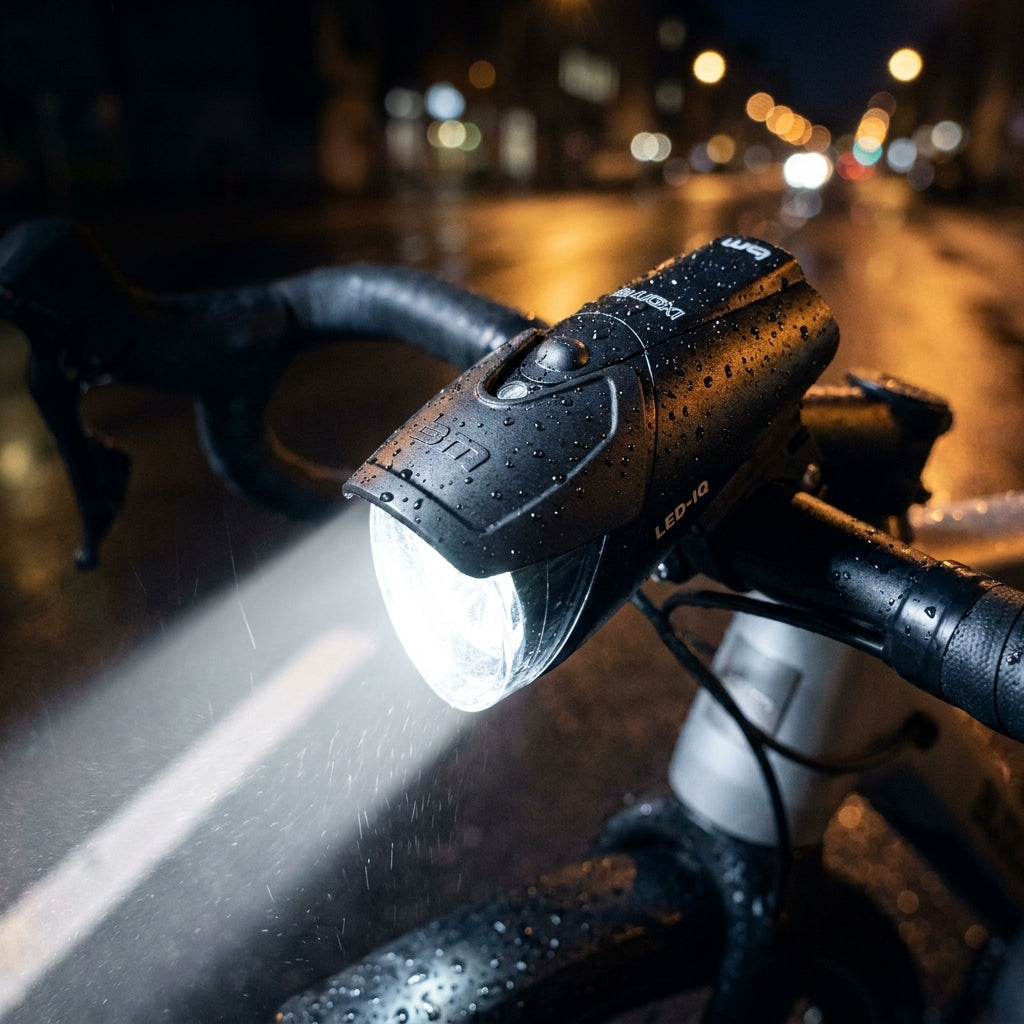 Busch&Müller Bumm IXON IQ LED-Fahrradlampe schwarz am Lenker, regennass, leuchtet nachts die nasse Straße aus.