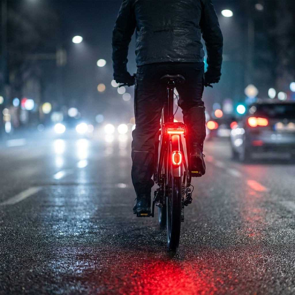 Busch&Müller Rücklicht Secula E STVZO am Fahrrad bei Nacht. Helles rotes Licht für Sicherheit im Straßenverkehr.