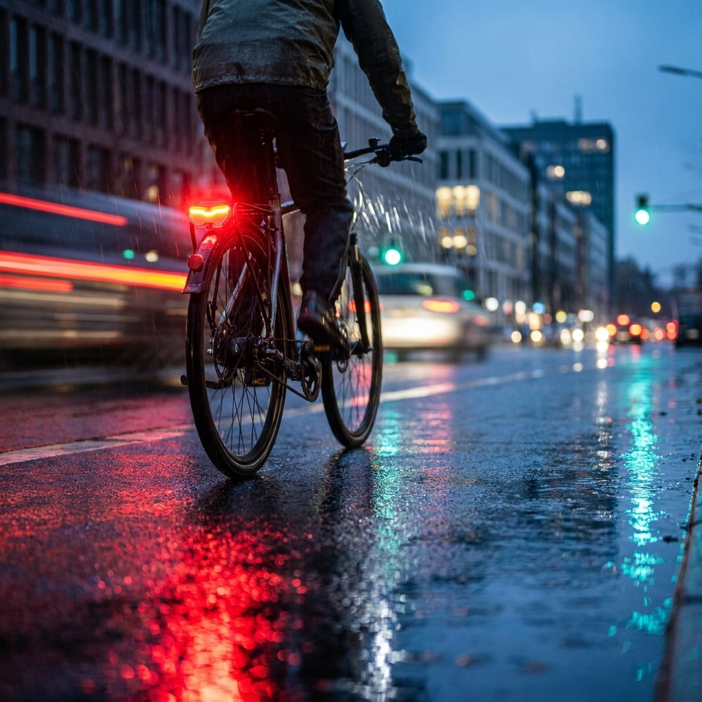 Busch&Müller Rücklicht Toplight View Plus am Fahrrad im Regen, leuchtet hell für Sicherheit.